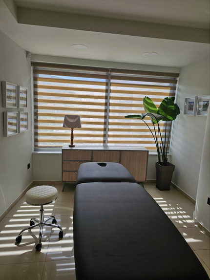 Modern physiotherapy treatment room with massage bed and natural lighting